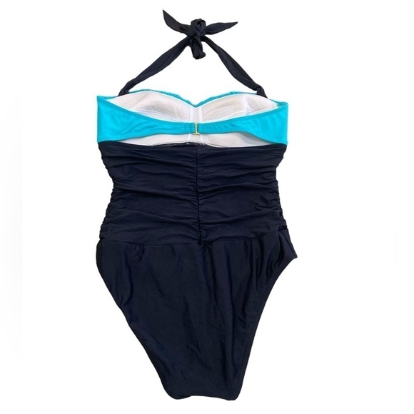 Athena one piece halter colorblock aqua, orange, black swimsuit size 10 - Picture 2 of 8